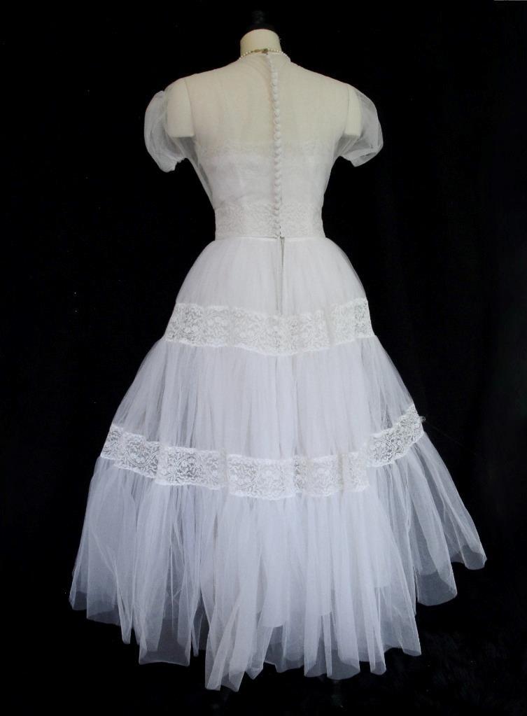 Vintage 50s Emma Domb White Tulle & Lace 2pc Wedding or Prom Dress Tiered Ruffle