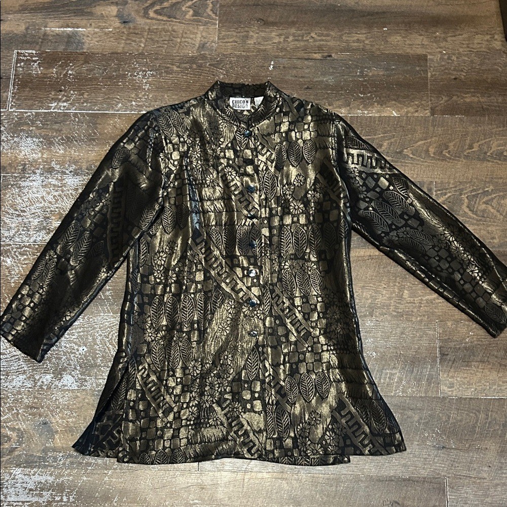 Vintage 90’s Chico’s Black and Metallic Gold Button-Up Tunic Size 0 Leaves