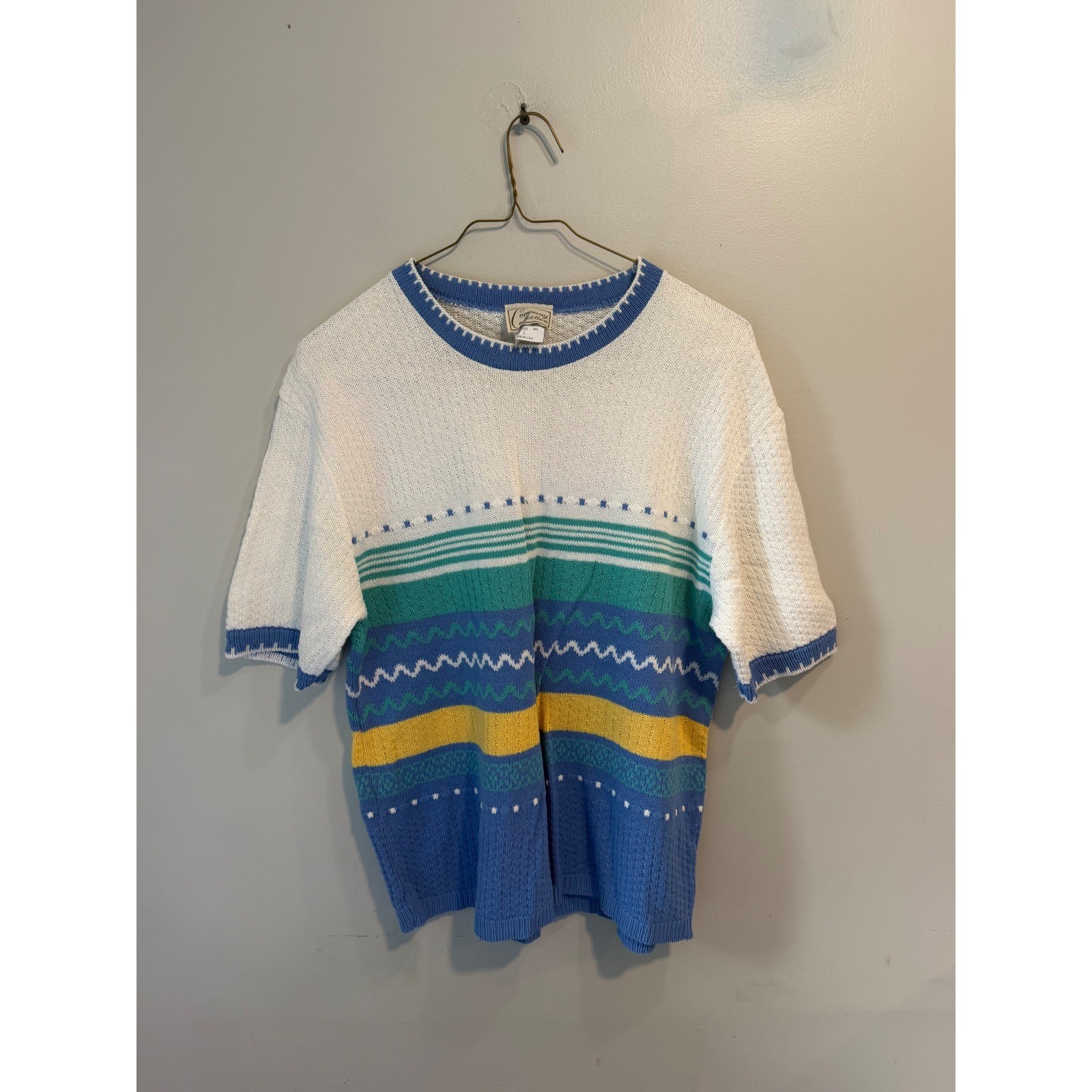 Vintage Company Collection Womens Short Sleeve Striped Knit Sweater Blue Large