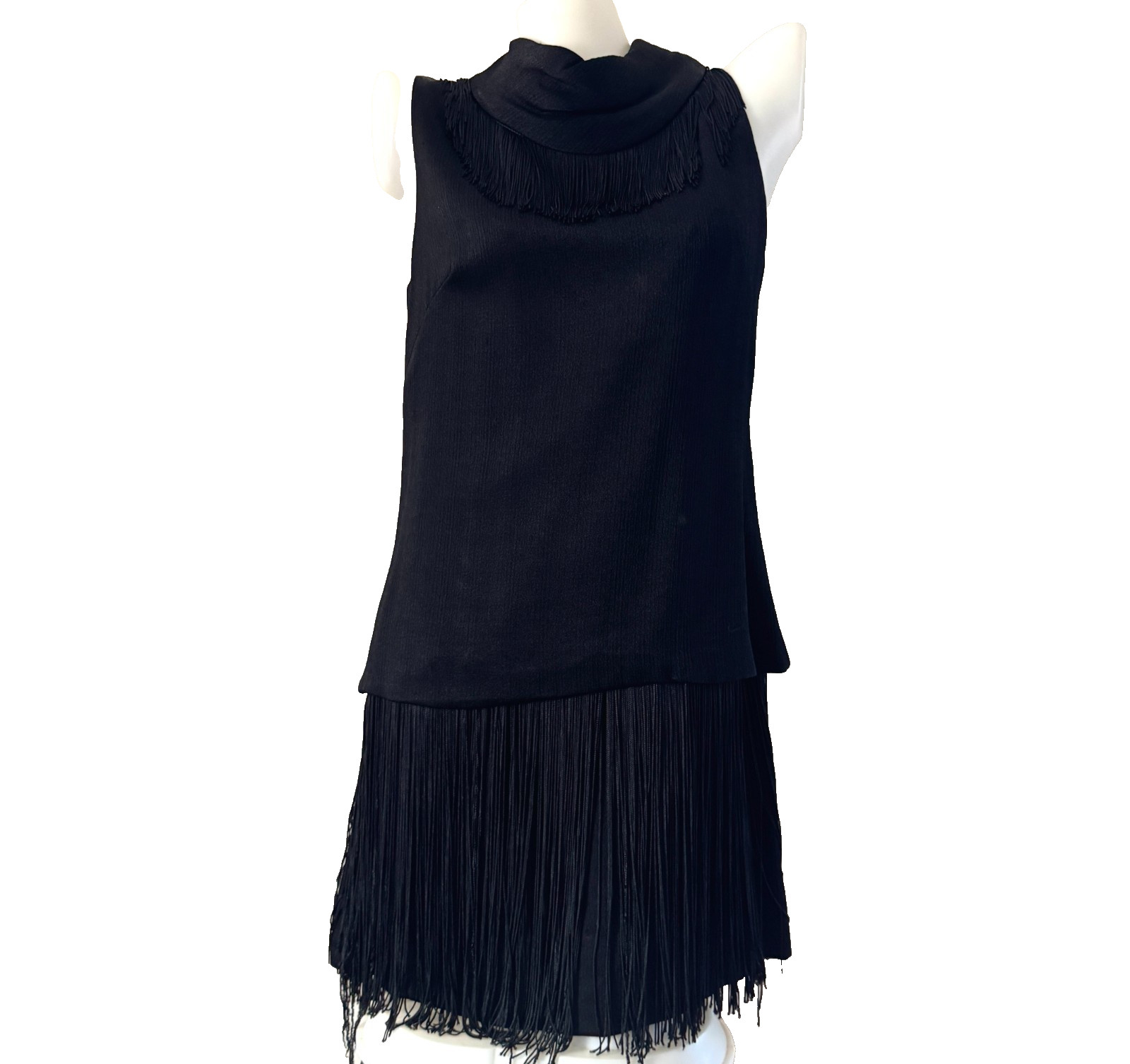 vtg 60s MISS THEME NY Black Go-Go Dancer FRINGE Mini Shift Dress Costume Mod LBD