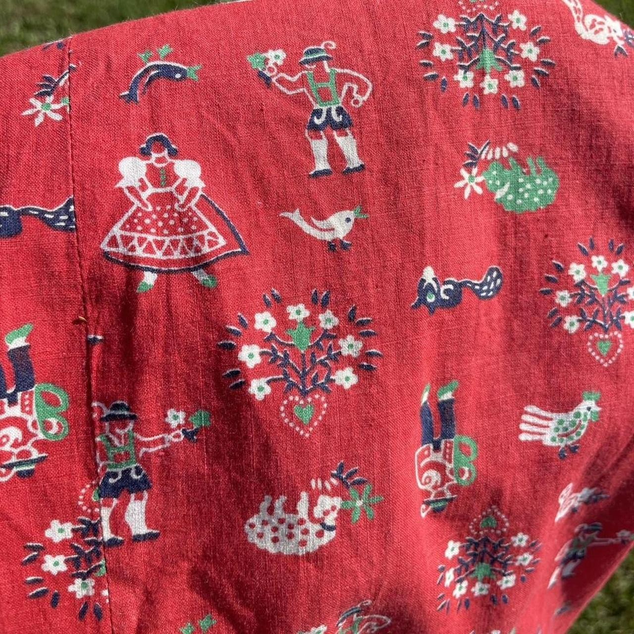 early 40s red cotton folk novelty Dutch girl & boy prairie dress pin tuck yoke