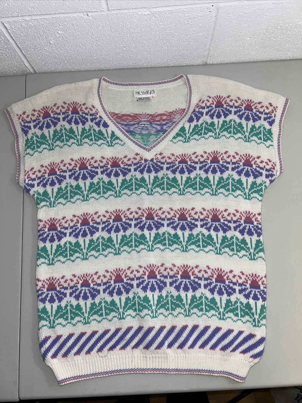 Vtg Pastel Top Messages Short Sleeve grandma 80s geek Spring Sweater large A2