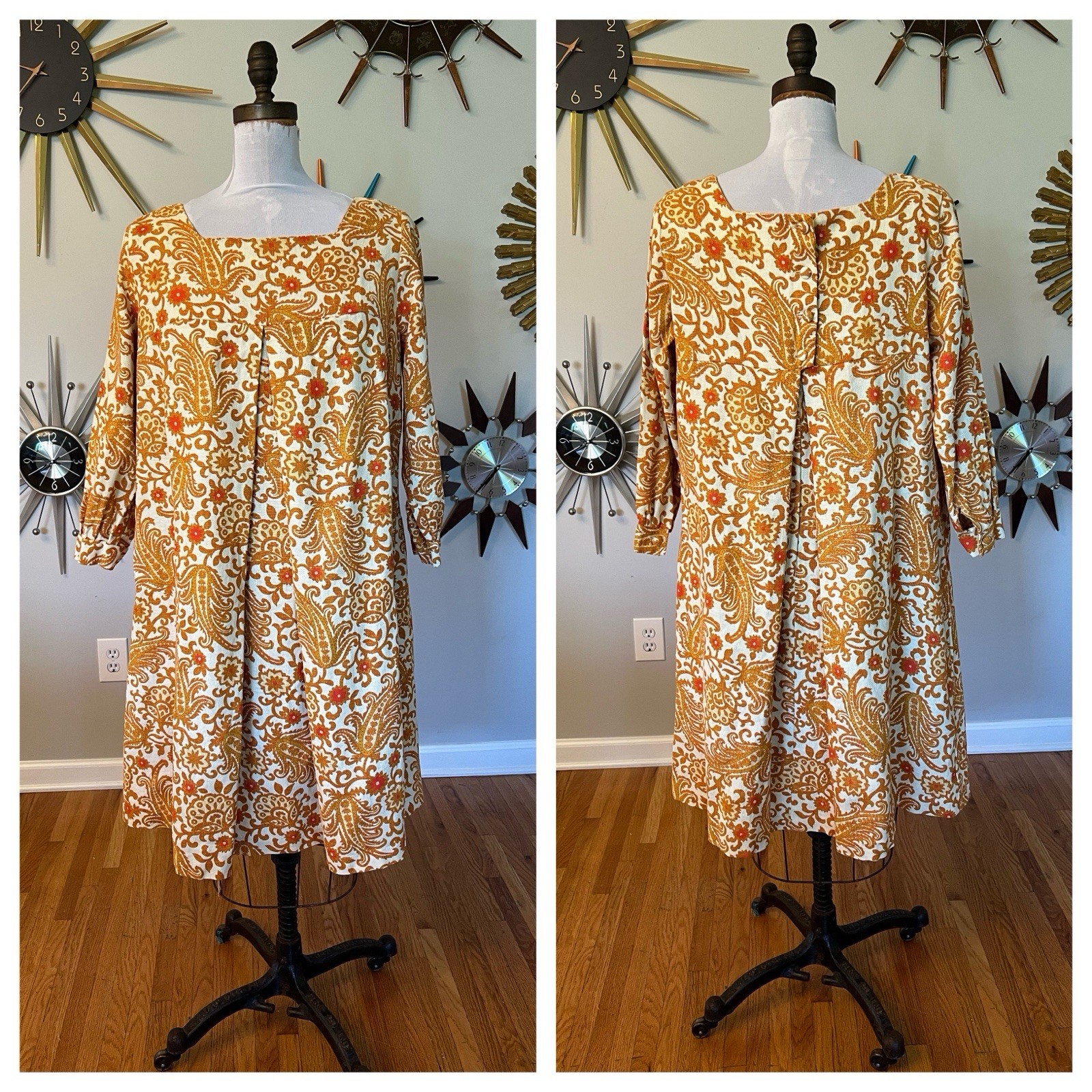 VTG 1970s Brocade Paisley Mod Swing Dress LRG Tailored