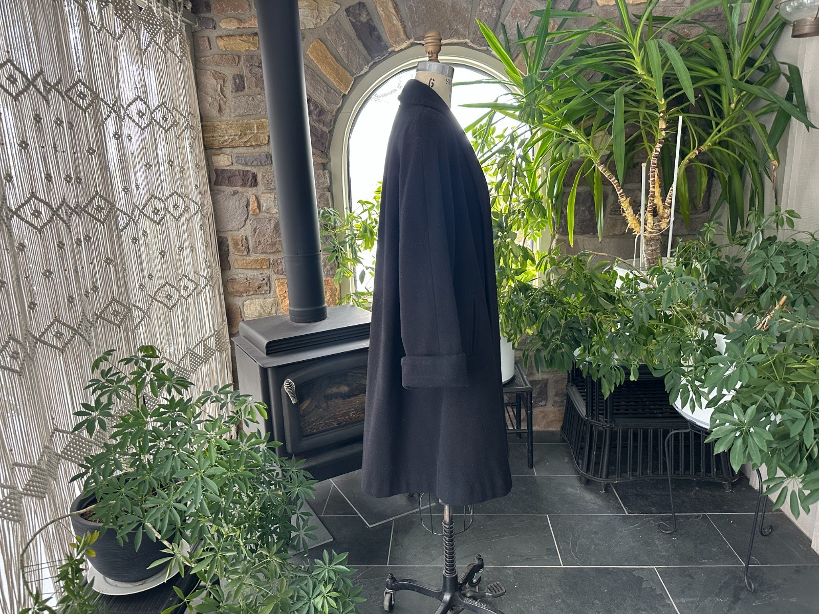 Vintage 1980s Black Wool Blend Open Front Swing Coat Herman Kay