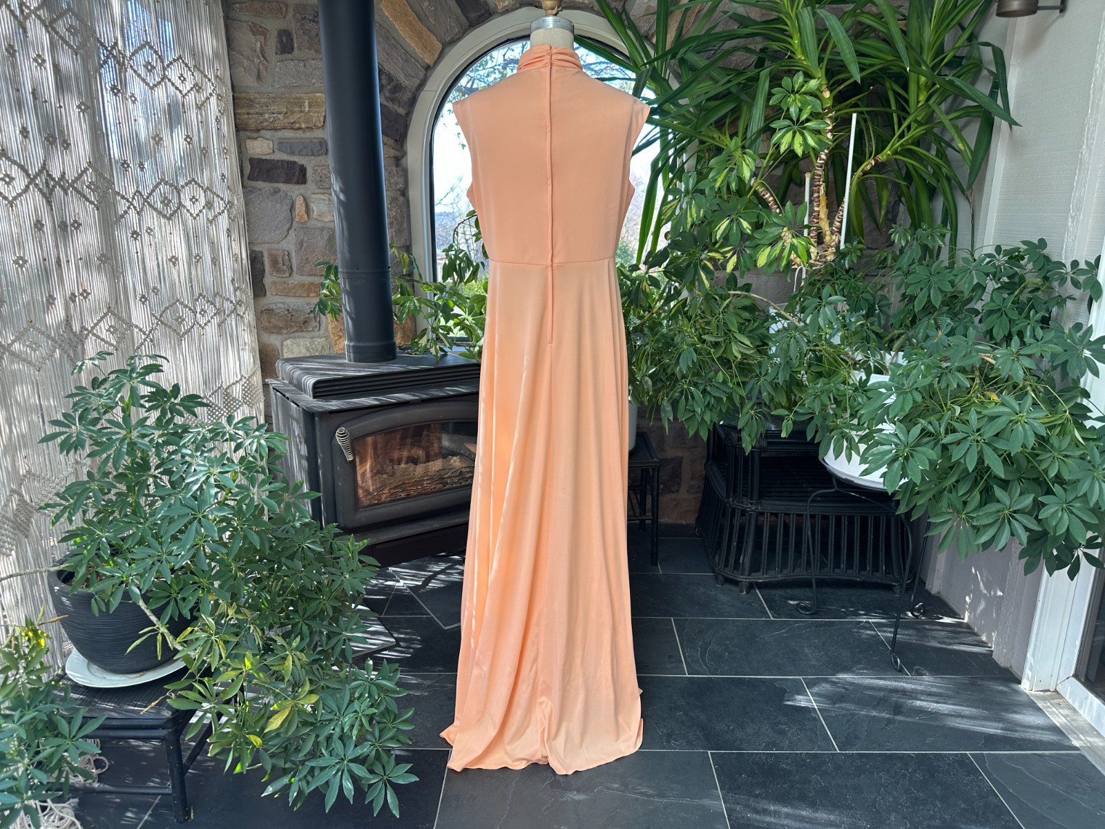 Vintage 1970s Peach Knit and Lace Formal Maxi Dress
