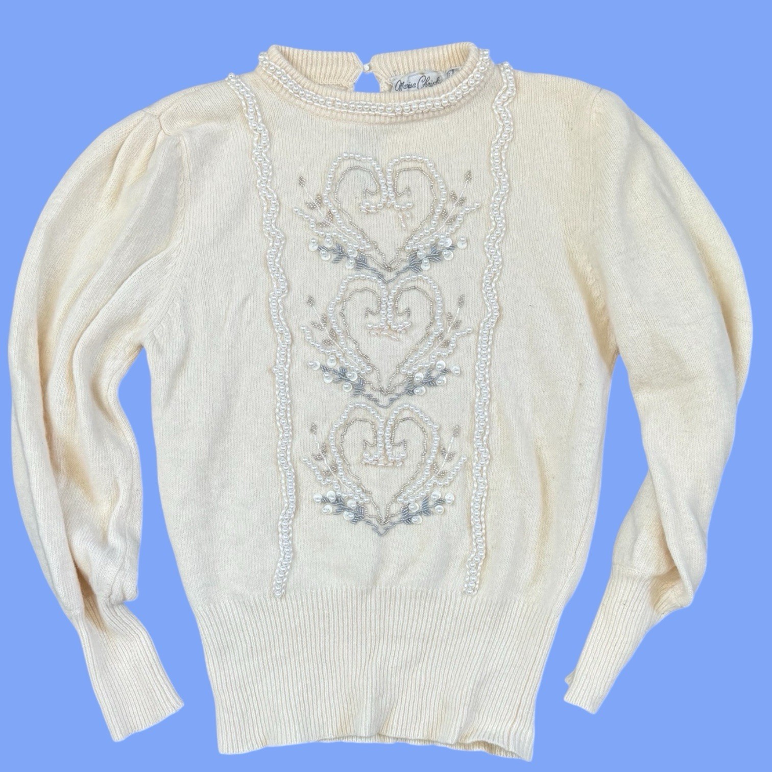 Vintage Marisa Christina Cream heart Pearl Beaded Sweater 34″ bust EUC angora