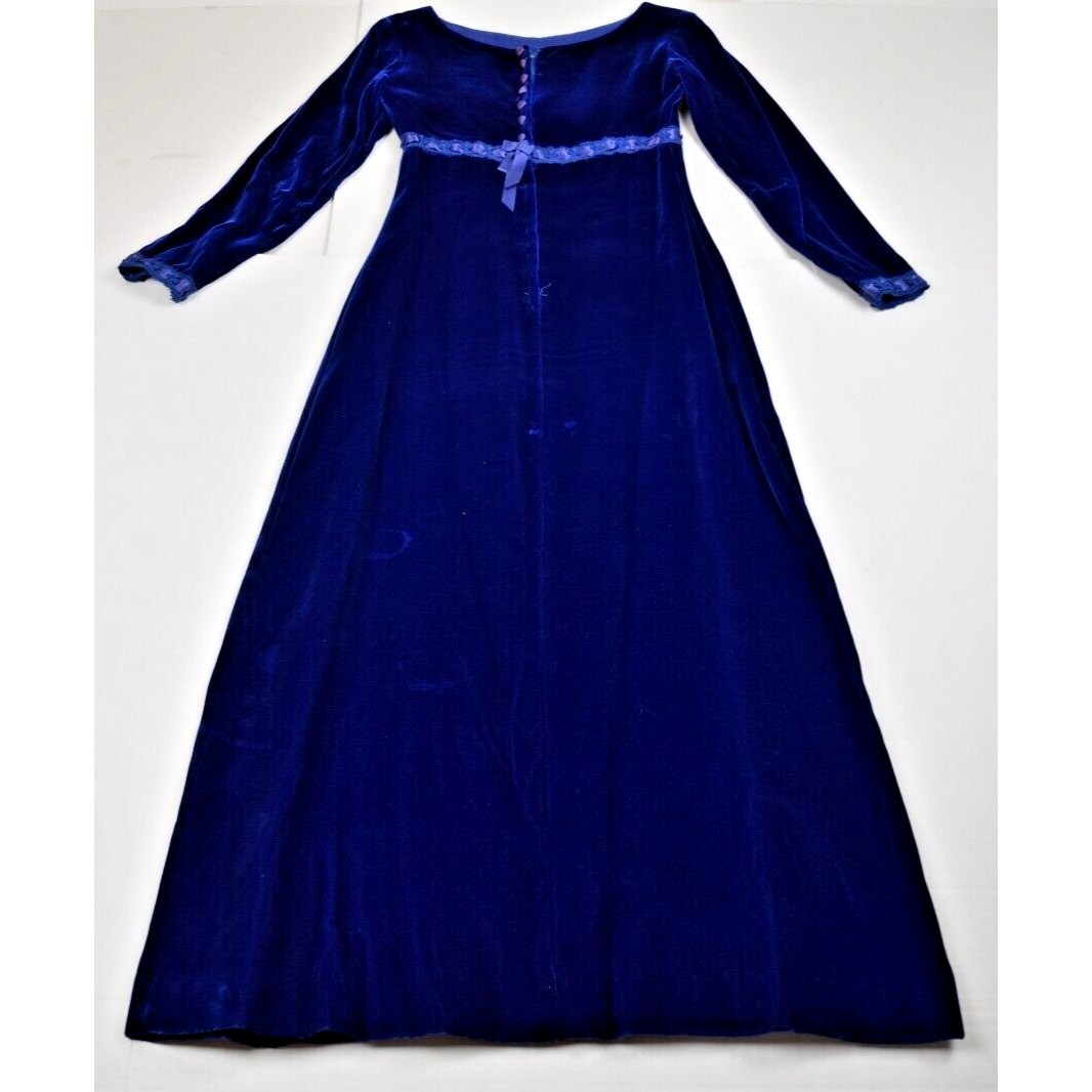 Vintage Dress Size S 70s Blue Velvet Ribbon Trim Empire Waist Button Back