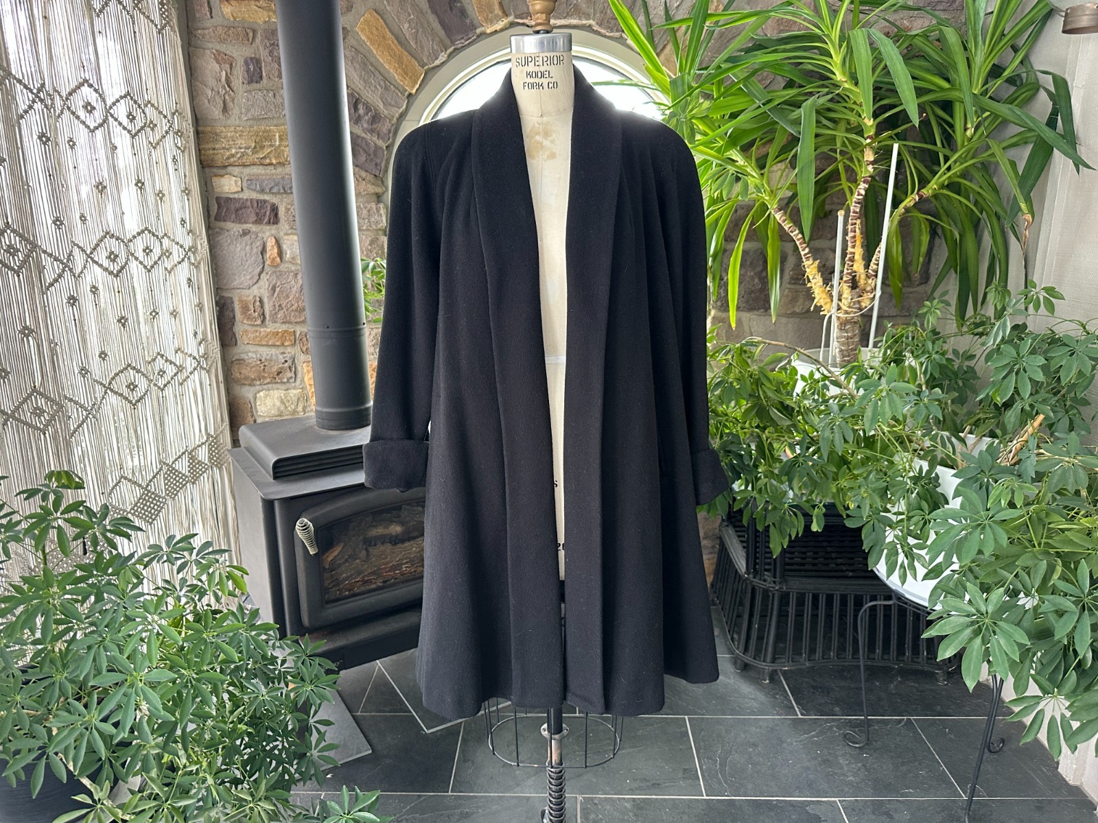 Vintage 1980s Black Wool Blend Open Front Swing Coat Herman Kay