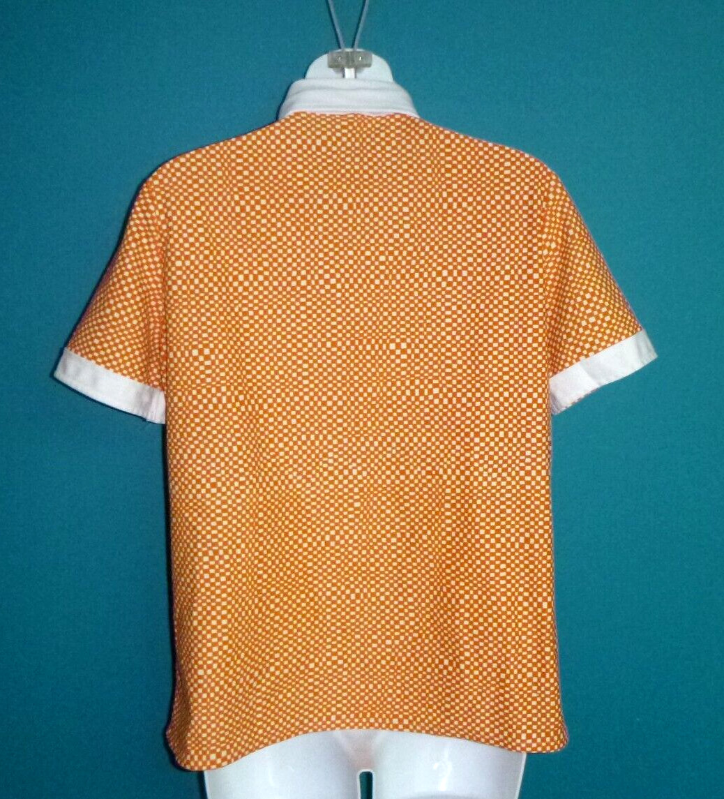 Vtg 70s GROOVY Op Art Poly Button Front Shirt Top Orange White Check Sz 38