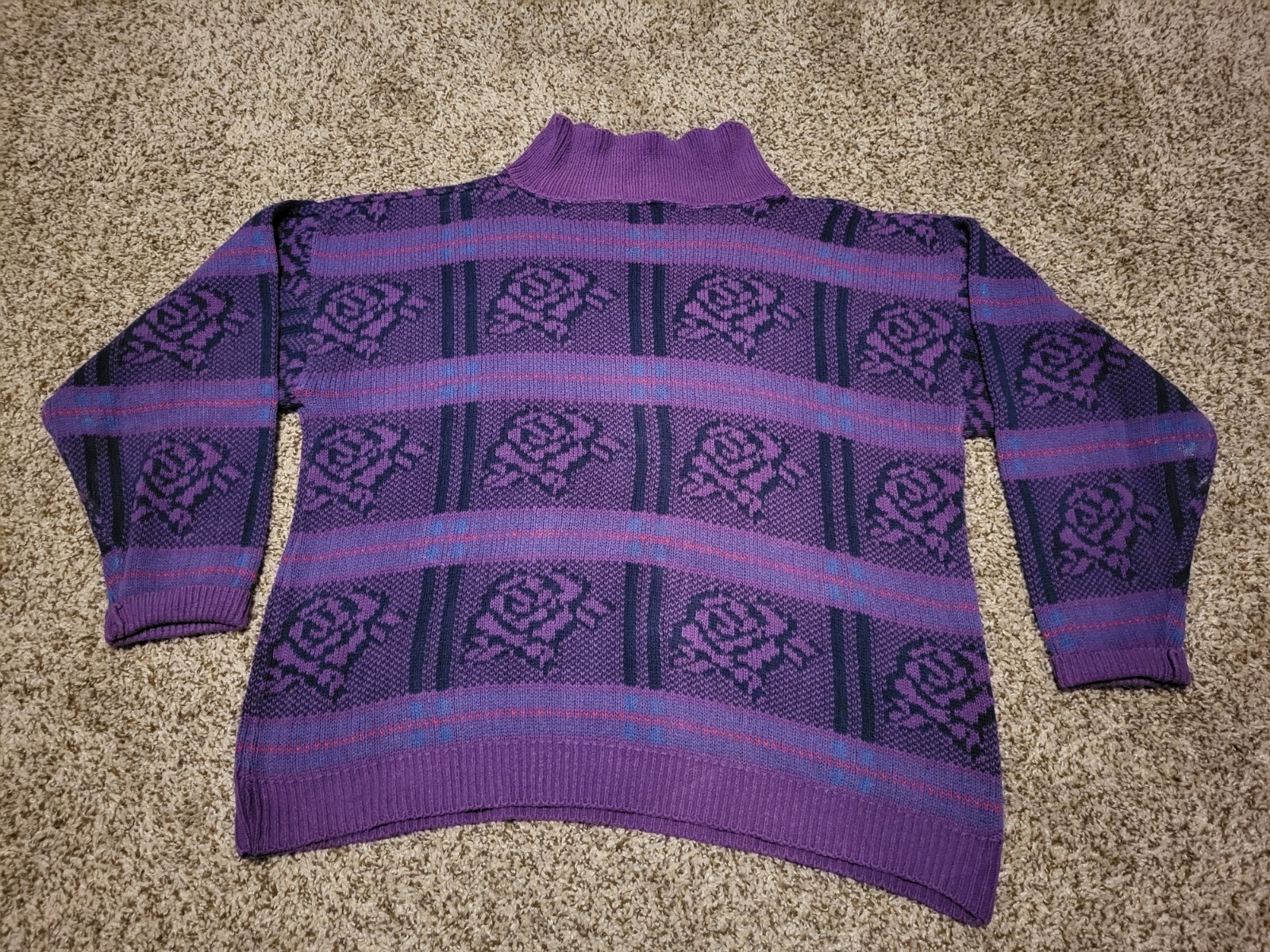 Vintage Lion Brand Womens Knitted Sweater Size Large L Purple Flower USA 80s 90s