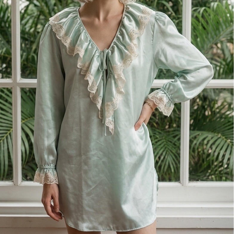 Vintage 80s Sabrina by Mervyn’s Mint Green Satin Lace Ruffle Nightgown Coquette