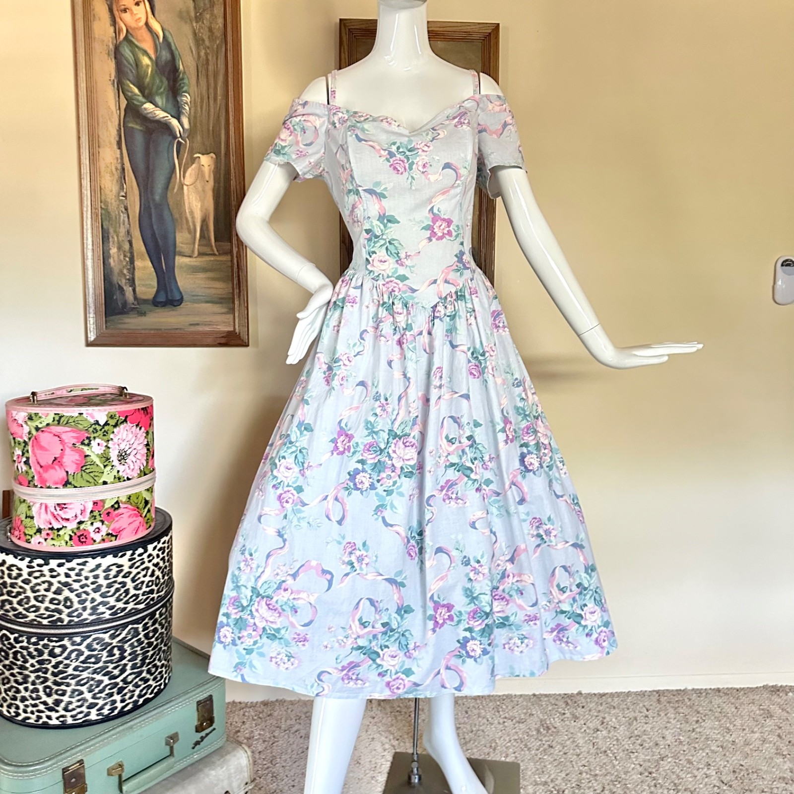 Vtg 1980s Off-Shoulder Baroque Floral Print Fit Party Dress Cottagecore L Volup