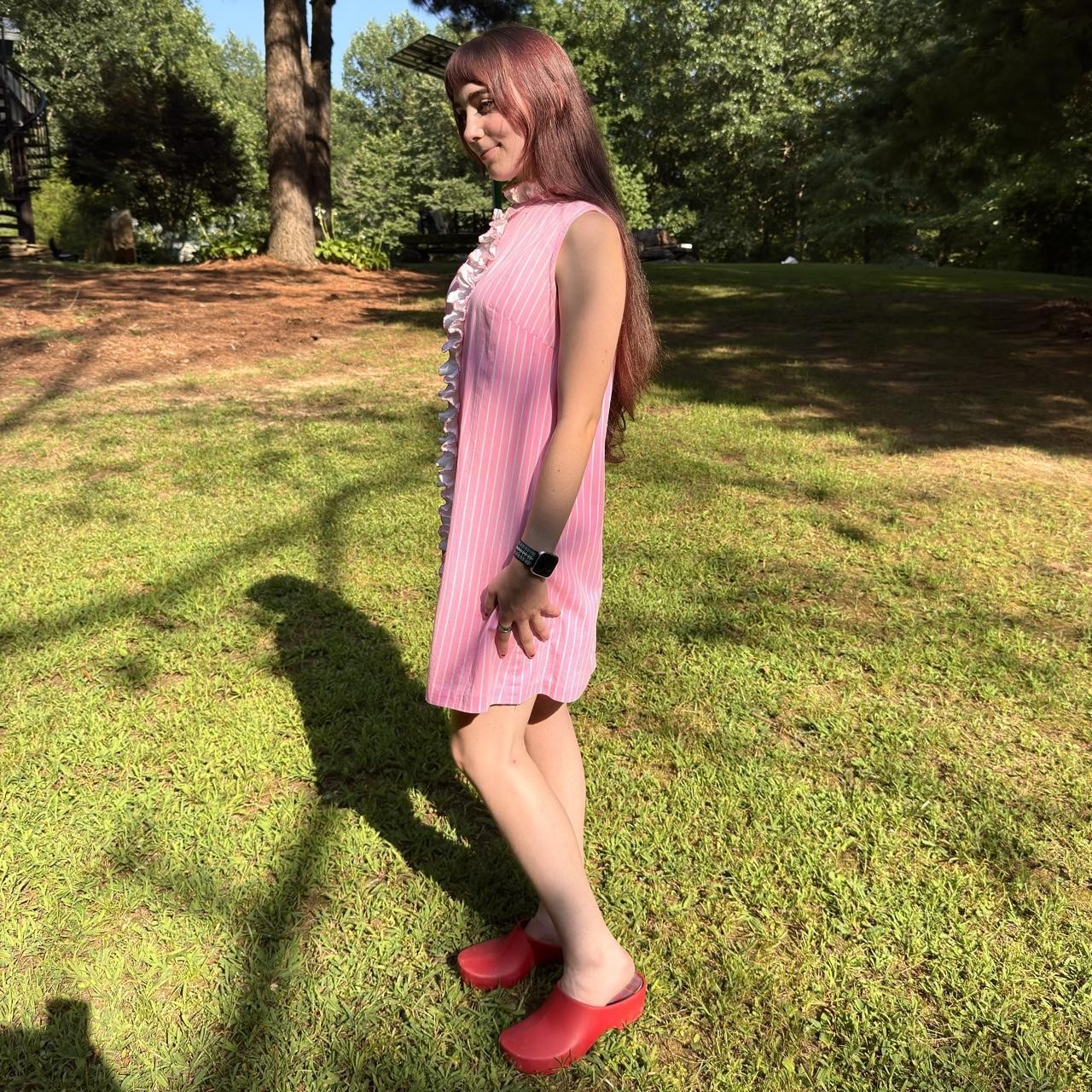 60s mod bubblegum pink candy stripe cotton mini dress w/ fun ruffle collar