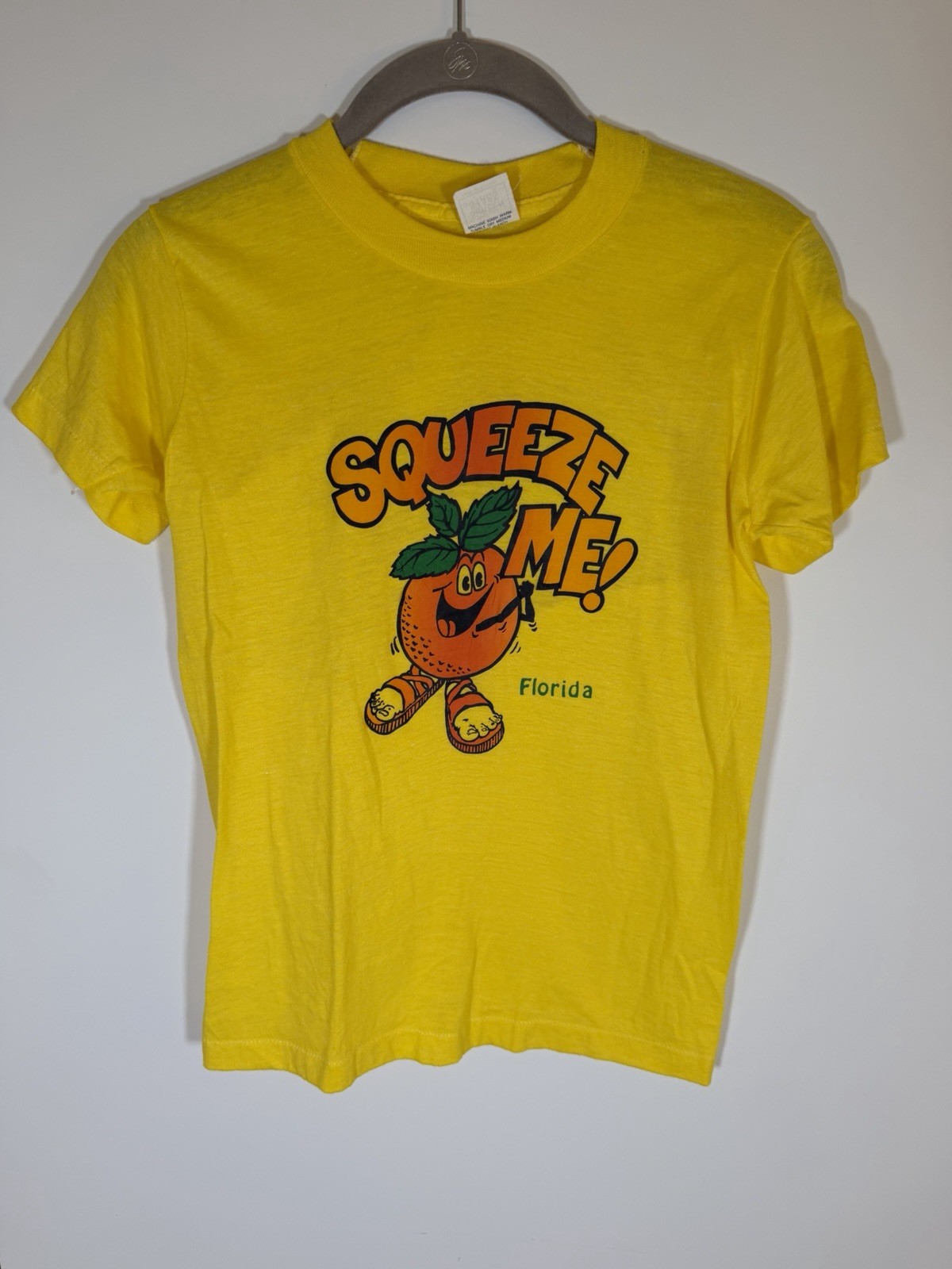 Vintage 70s Screen Stars neon yellow Squeeze Me Florida baby tee S single stitch