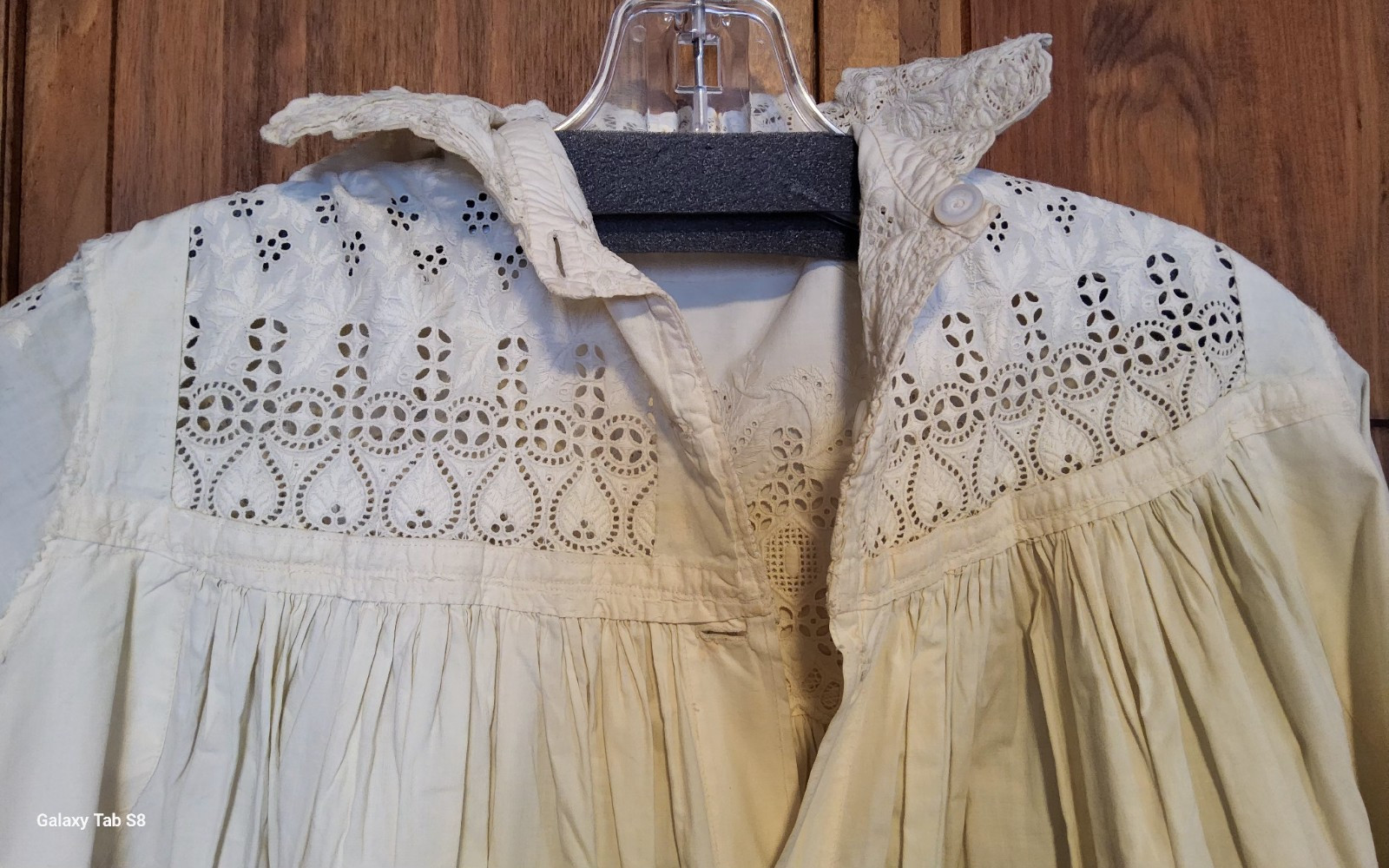 1900s Edwardian May C. Wright Ivory 100% Cotton Night Gown Crochet Long Sleeve