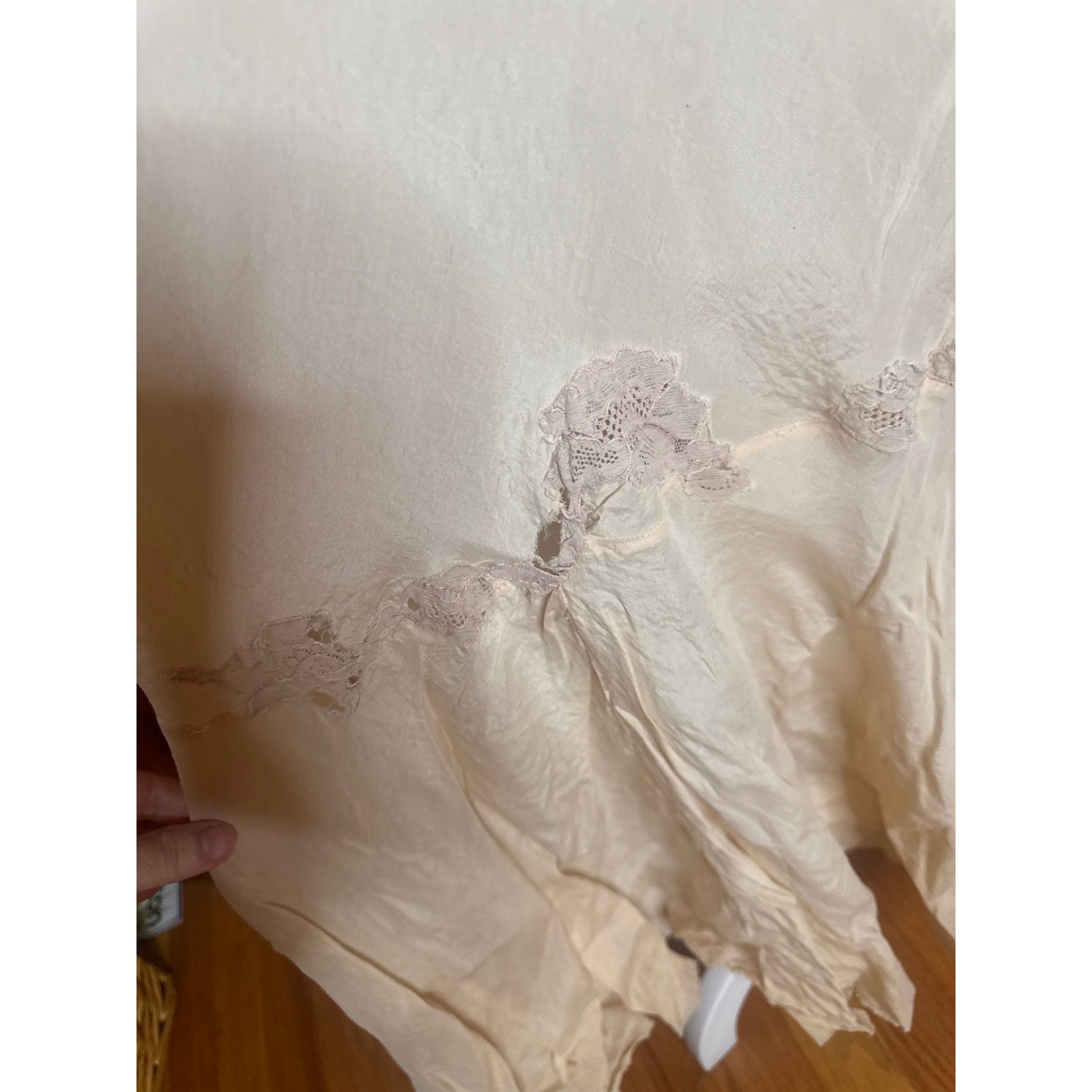 VTG 30s Beige Silk Lace Liquid Bias Cut Maxi Slip Dress Nightgown L As Is