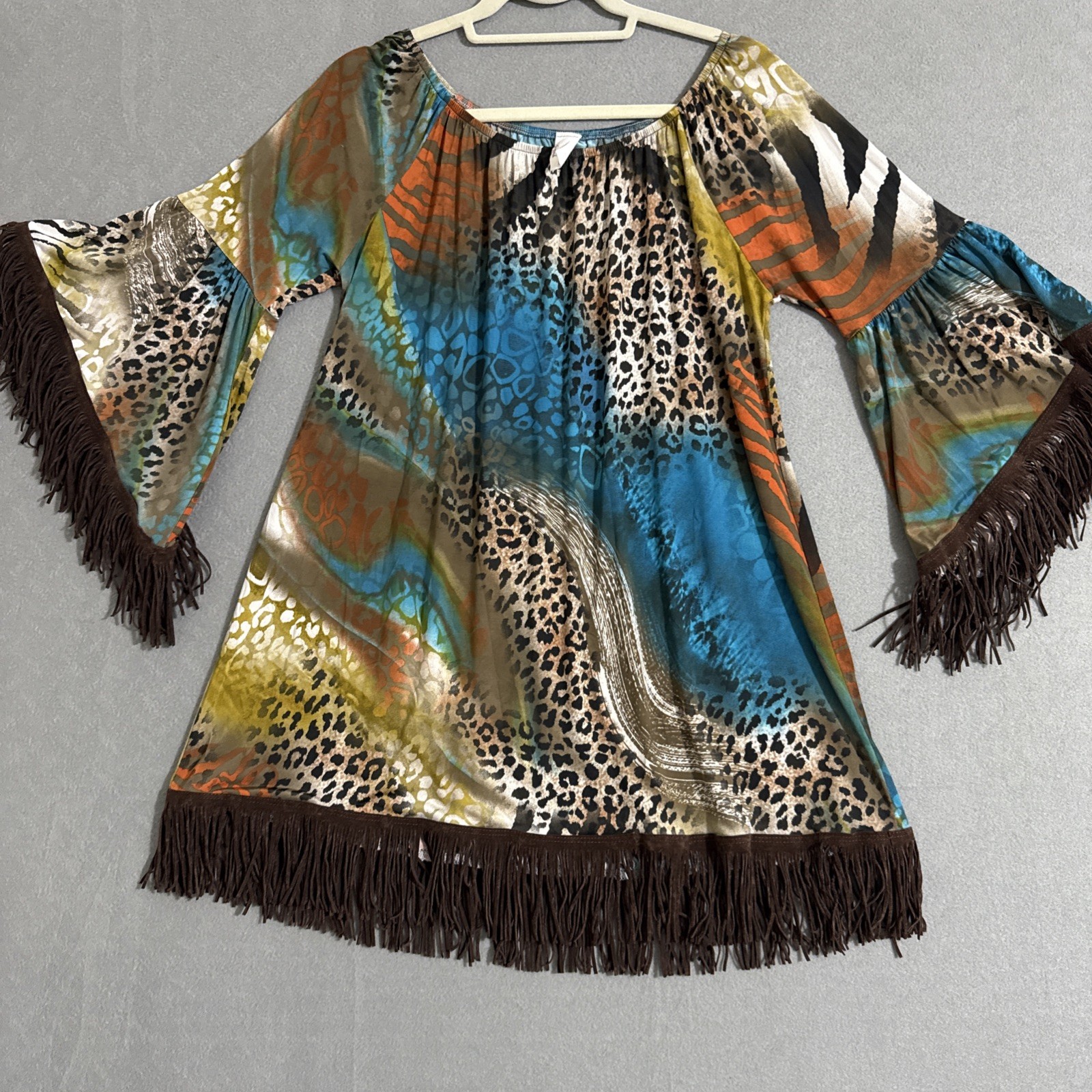 Vtg Y2K Dress Boho Asymmetrical Bell Sleeve Fringe Hem Western Tunic Mini Top L