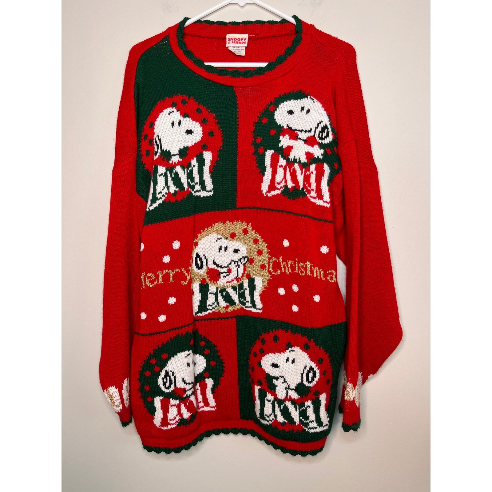 1980s Snoopy & Friends Christmas Patchwork Metallic Gold Bows Tunic Sweater S