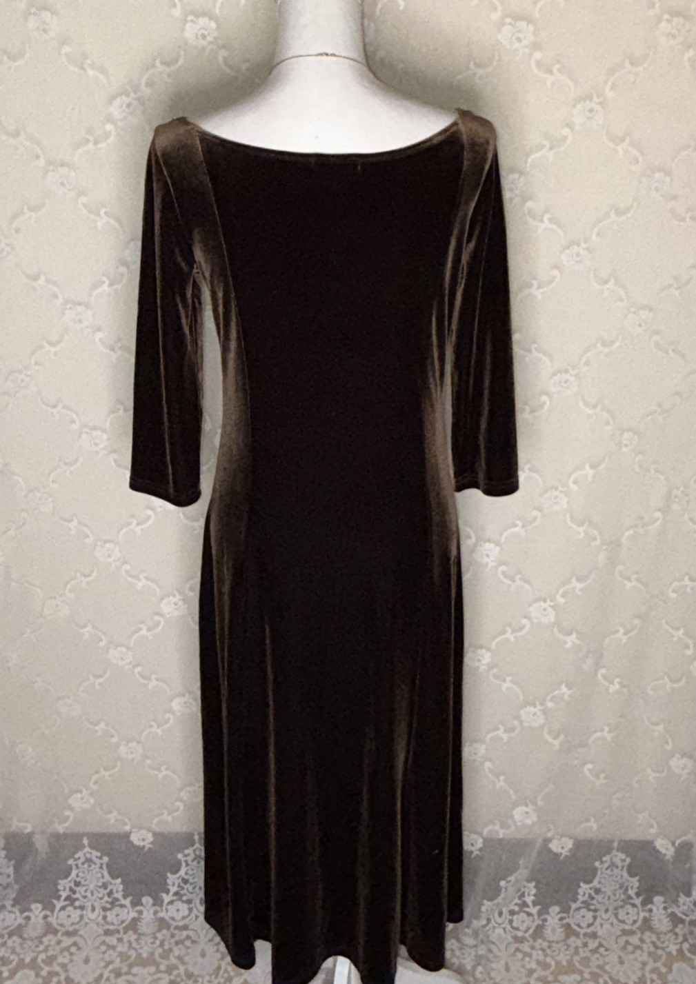 VTG Eddie Bauer Brown Flat Stretch Velvet Long Shift Dress Size Medium 36 Bust