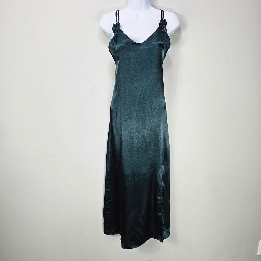 Vandre Womens Slip Dress Midi Emerald Green Satin Bow Coquette Whimsigoth 90s