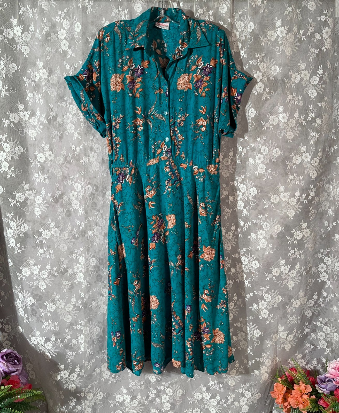 Vintage 90s Floral Dress Size Large 1990s Retro Teal Shirtwaist Summer Feminine