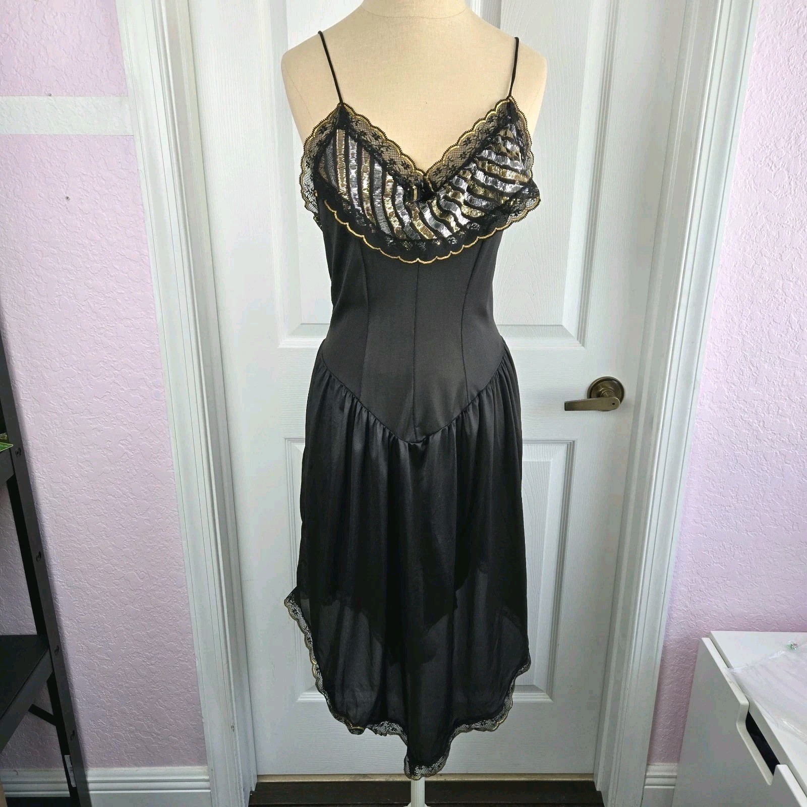 Private Matters Black Vtg 70s Lingerie Nightgown Slip Dress Size M Metalic