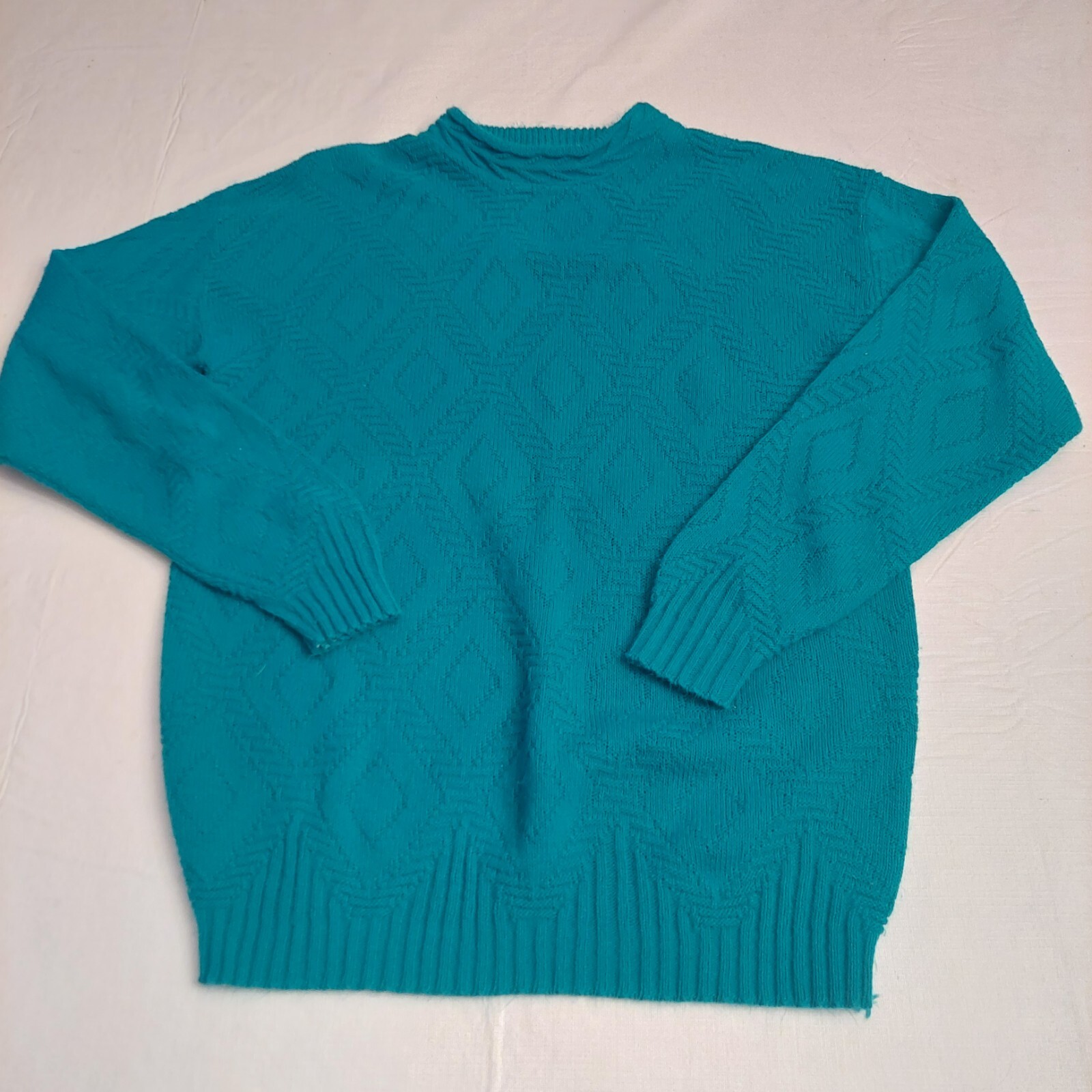 Adele Knitwear Vintage 80’s Teal Diamond Textured Knit Crewneck Sweater Size L