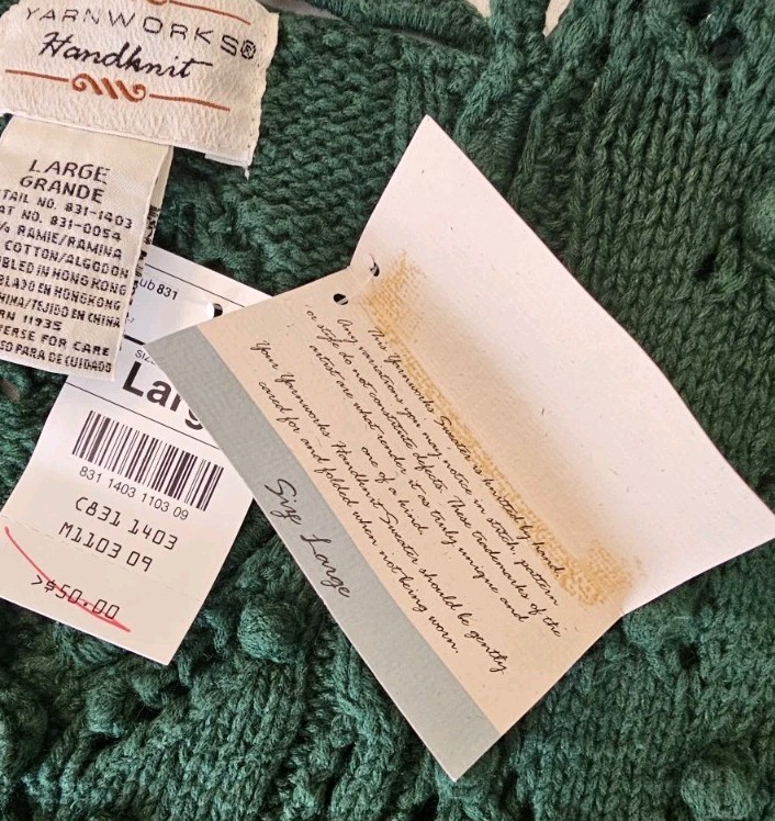 NWT Deadstock Vtg 90s Yarnworks Handknit Sweater Womens Size L Green Chunky