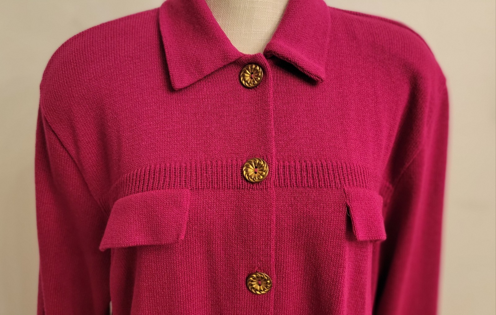 Vtg Knit Skirt Suit Lg 2Pc Laura Alyzia 70’s Fushsia Sweater Shoulder Pad USA