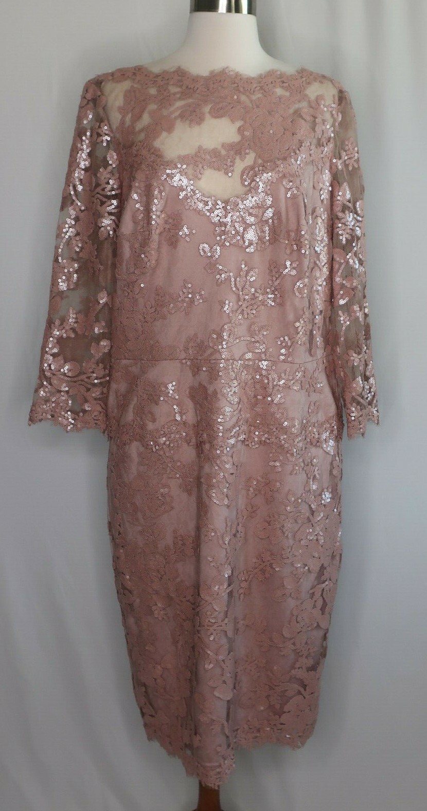 Tadashi Shoji Rose Pink Sequin Lace Floral Sheer Evening Cocktail Dress Sz 16