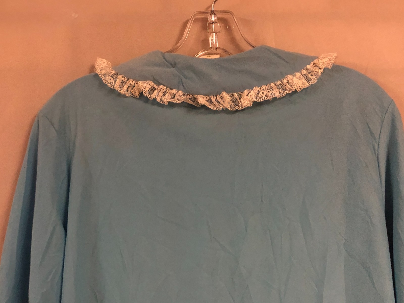 Vintage 70s Blue Pajama Set M Acetate Nylon Lace Smocked Floral NOS USA