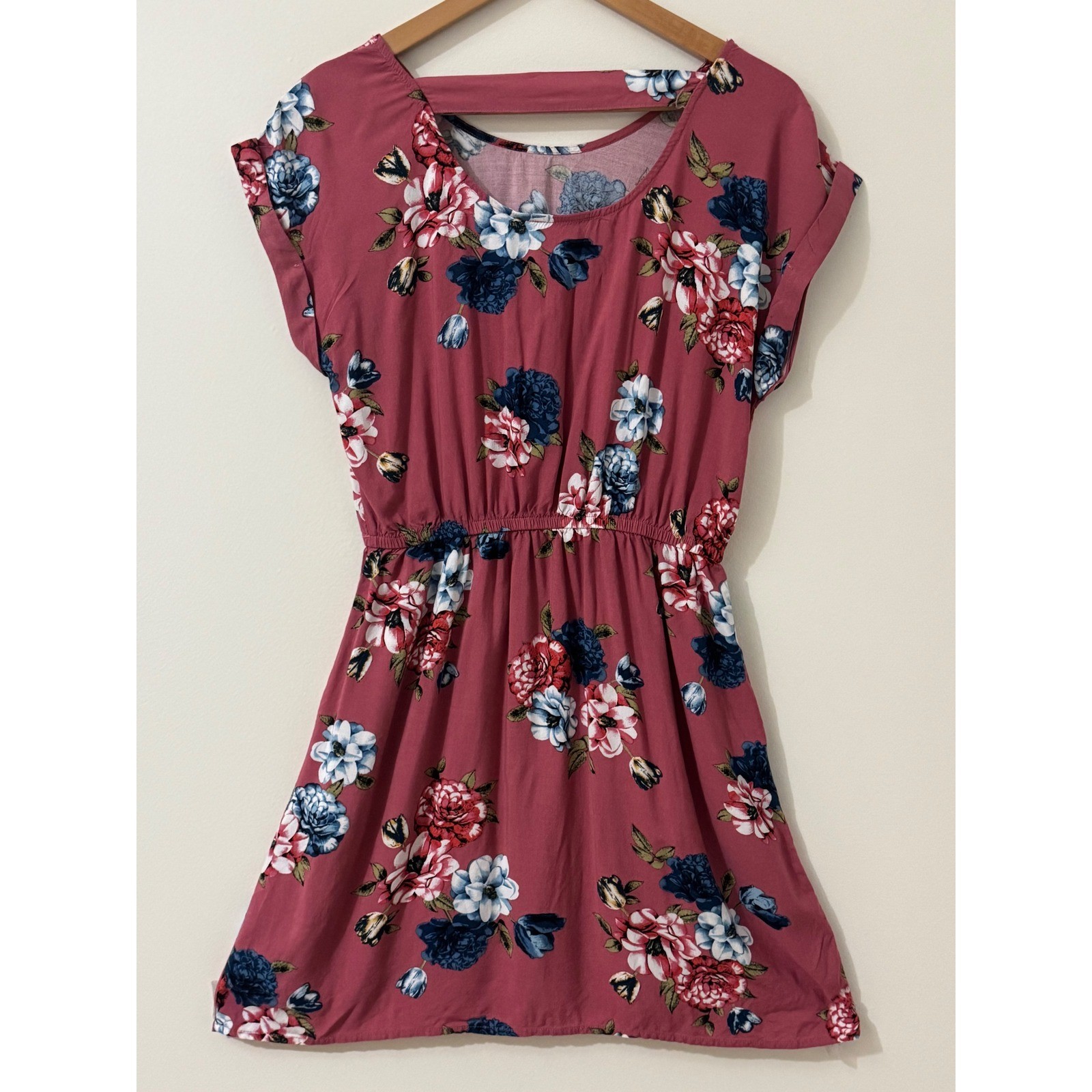 Pink Rose Vintage Floral Dress Medium Mauve Pink Boho Pocket Fit & Flare Rayon