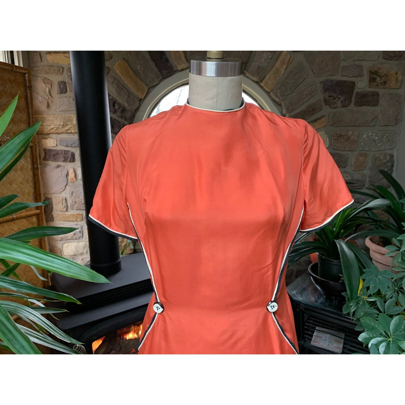 Vintage 1970s Orange Silk Dress Black and Ivory Piping Decorative Buttons