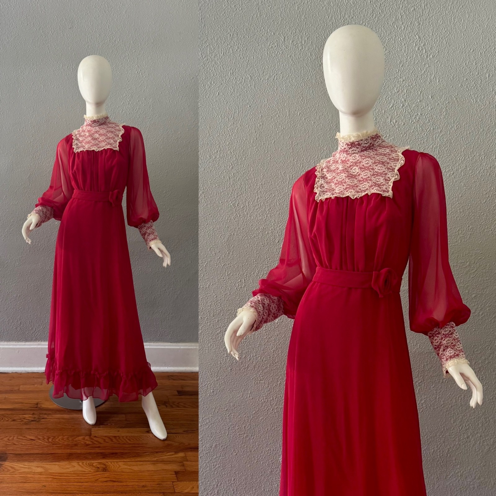 Vintage 70s Chiffon Prairie Cottage Core Party Victorian Maxi Dress M