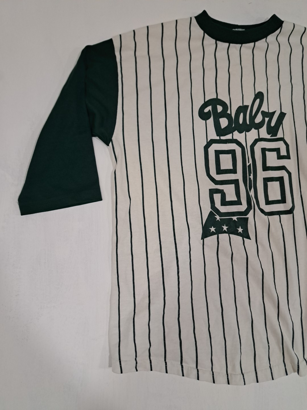 Vtg 90s Baseball T Shirt Tee Baby ’96 Green Stripes Maternity 3/4 Sleeve L/XL