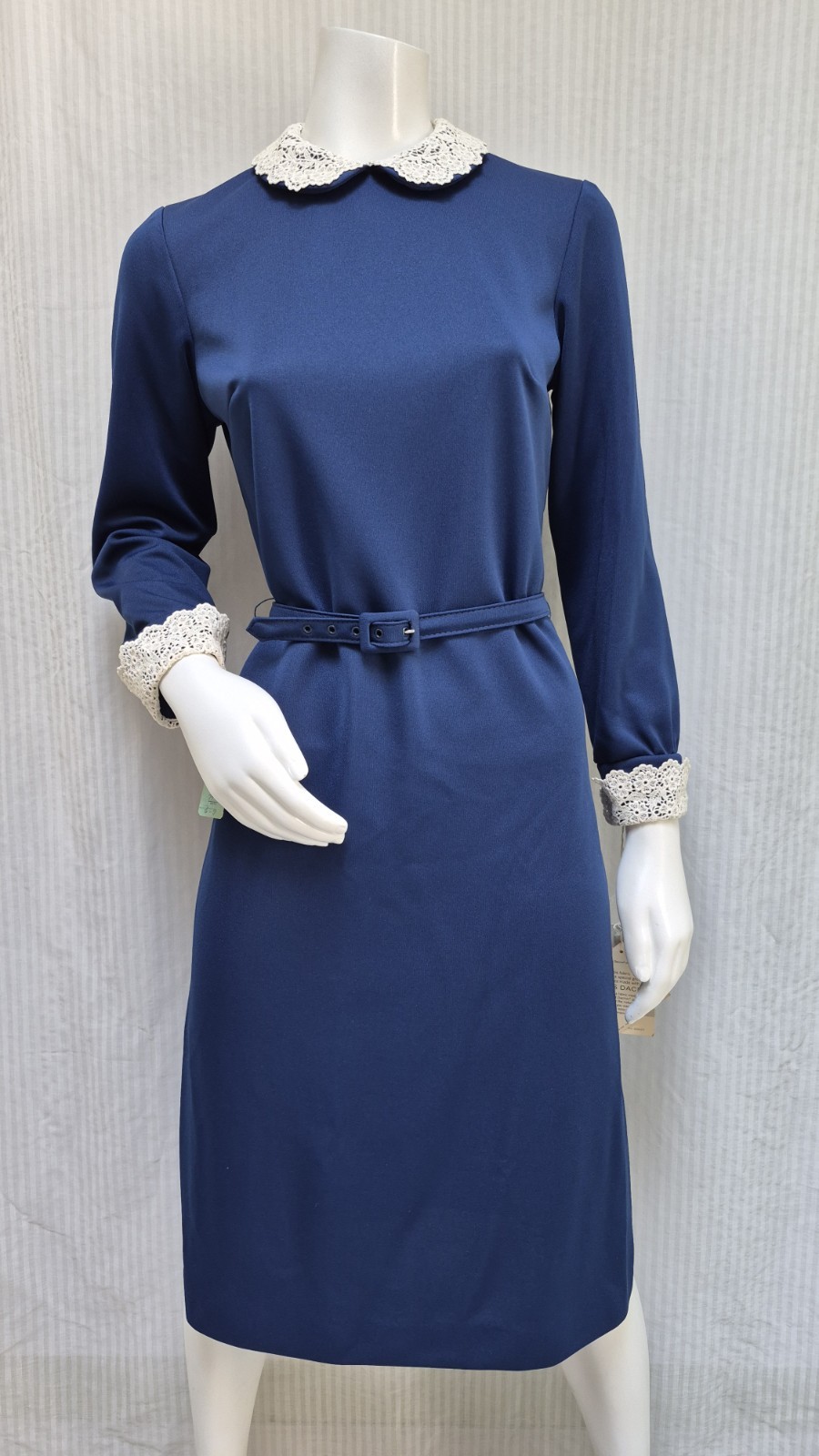NWT Vintage 1960s MARCY LYNN Blue Knit Peter Pan Collar Dress + Belt – Size M