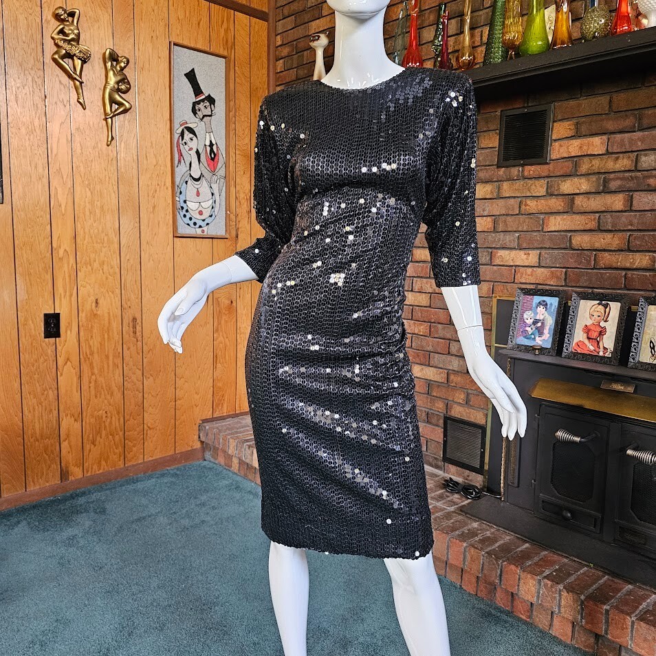 Vtg 80s Disco Oleg Cassini Sequin Backless Formal Evening Cocktail Party Dress S