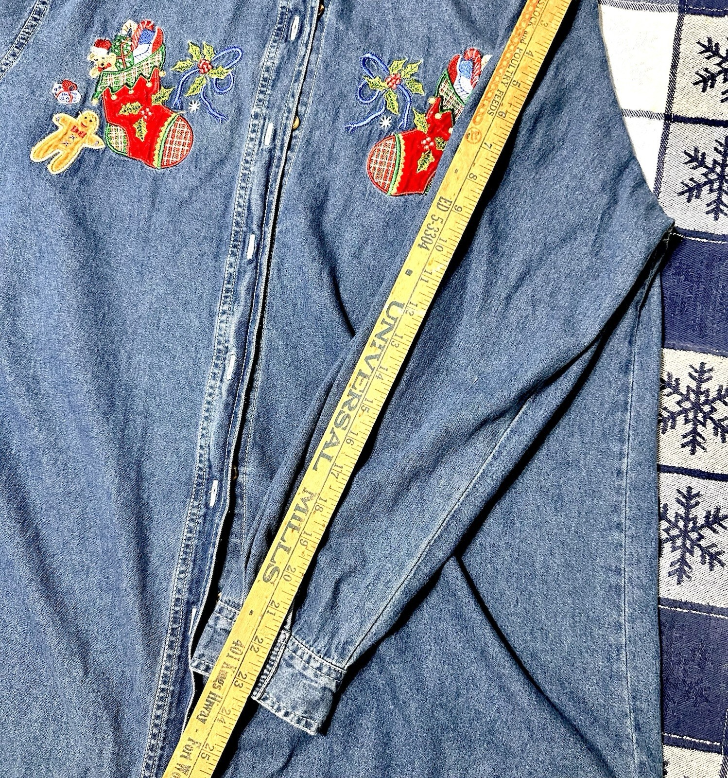 Bobbie Brooks Denim Shirt Christmas Appliqué Snowman Holly Vtg 16/18W Button Y2K