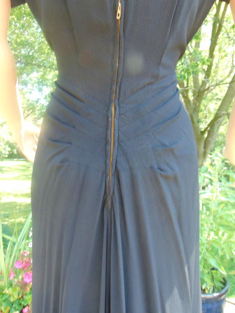 VTG 40s Black Rayon Sequin Cocktail Dress Back Drape 28W
