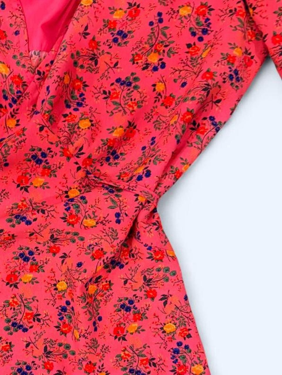 Betsey Johnson Pink Multicolor Floral V-Neck Ruffle Puff Sleeve Dress S