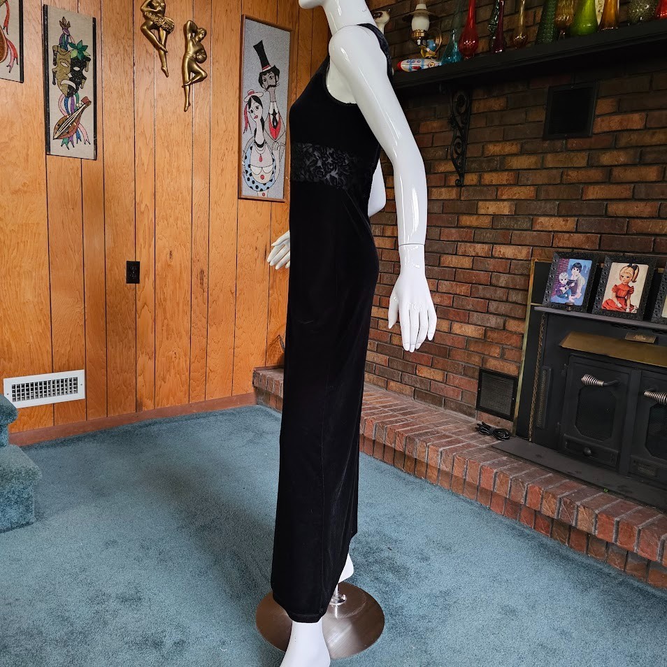 Vtg 90s Goth Club Sheer Burnout Velvet Stretch Maxi Dress Evening Prom Gown S/M