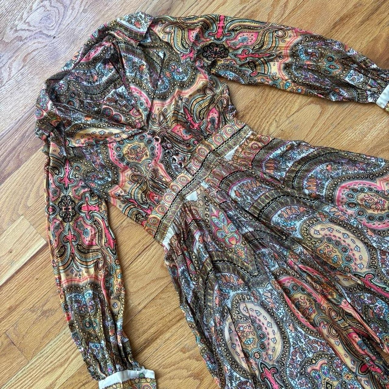 1970s Paisley Bell Bottom Jumpsuit Split Skirt Size S – Hippie Boho Retro 70s
