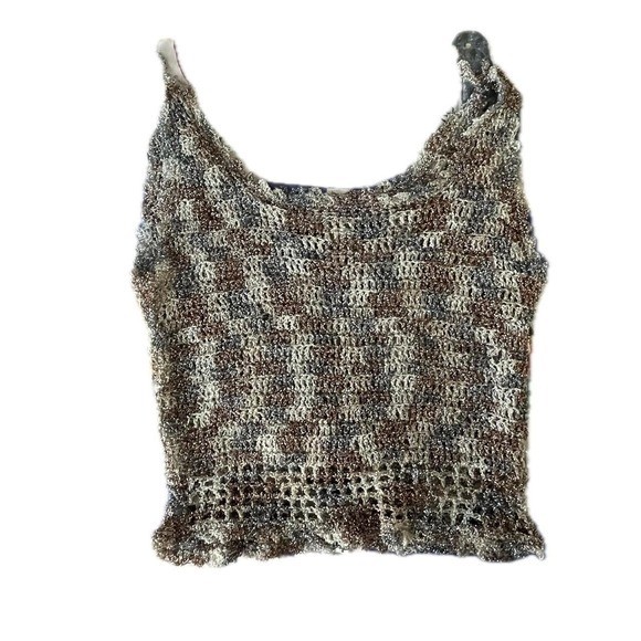 Vintage 90s Crochet Knit Metallic Tank Top Brown Silver Boho Shimmer Size S