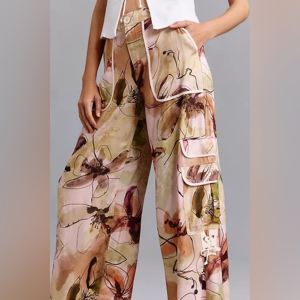 NWT By Anthropologie Palazzo Utility Cargo Pants Floral Size 10 Summer Vacay