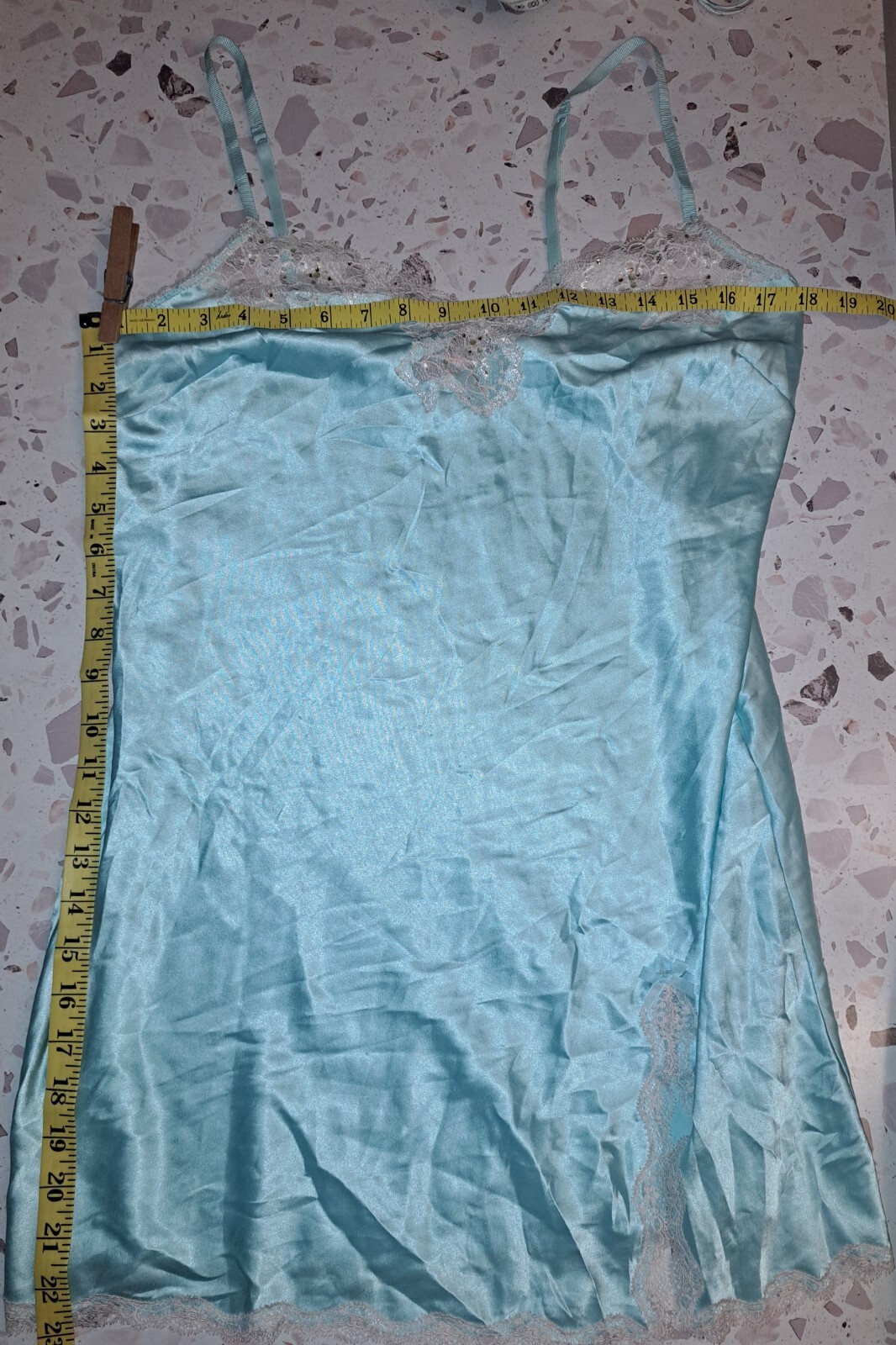 Vtg Victoria’s Secret Satin Chemise Gown Large Aqua Blue Lace Rhinestones 2013