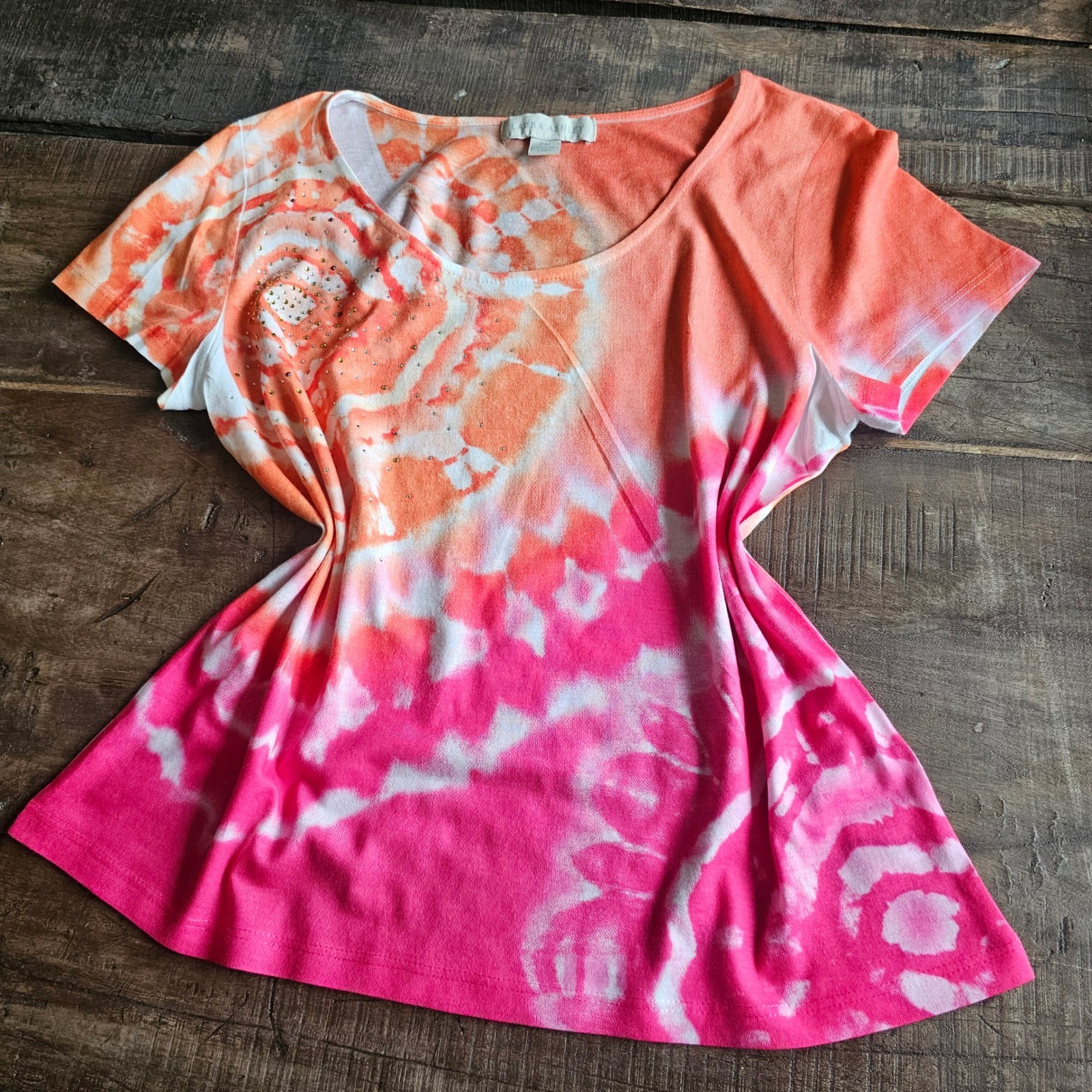 Y2K Early 2000s Style Laura Ashley Pink Orange Tie Dye Rhinestone Scoop Neck Top
