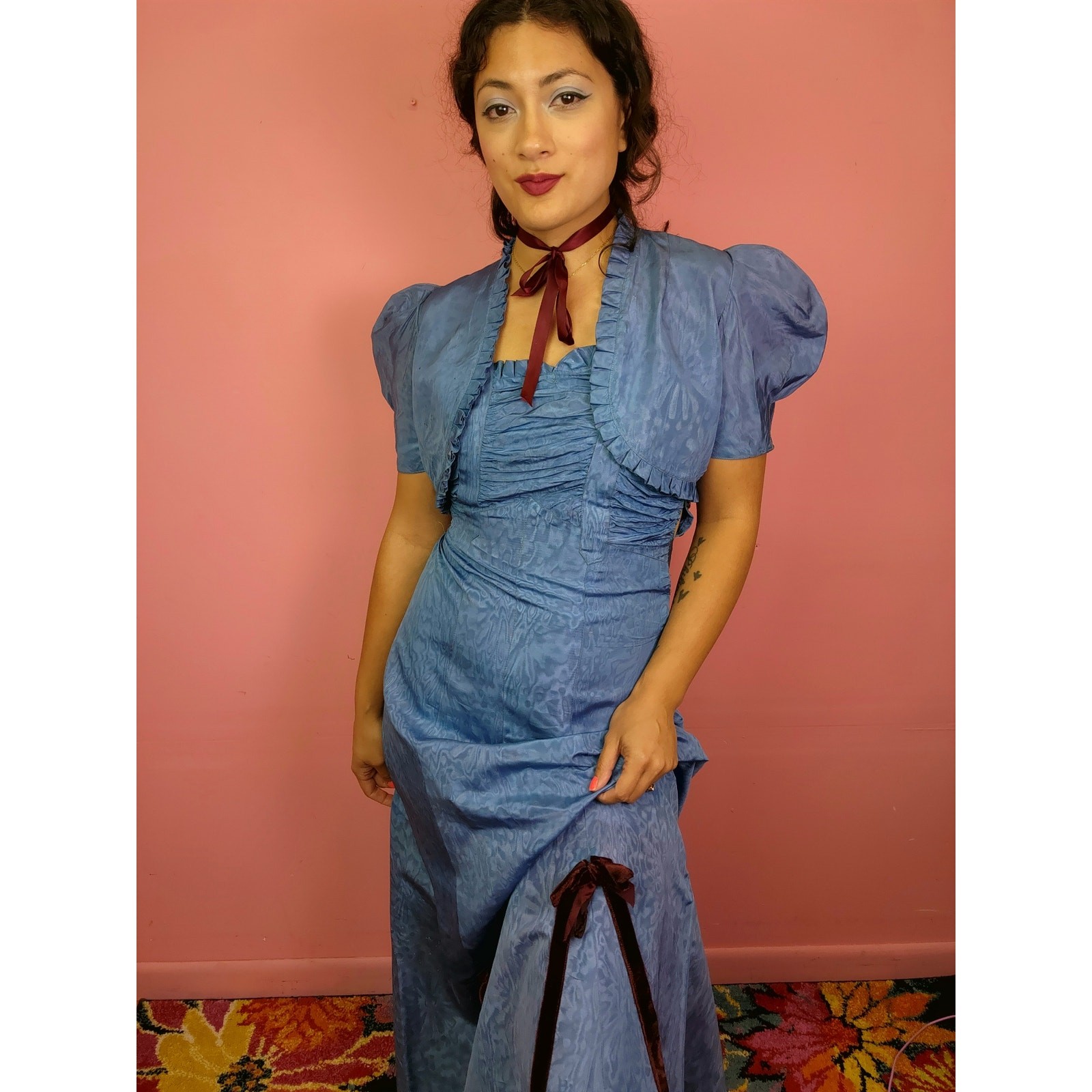 Antique 1930’s Moiré Satin Gown and Bolero Cornflower Blue Burgundy Velvet Bows