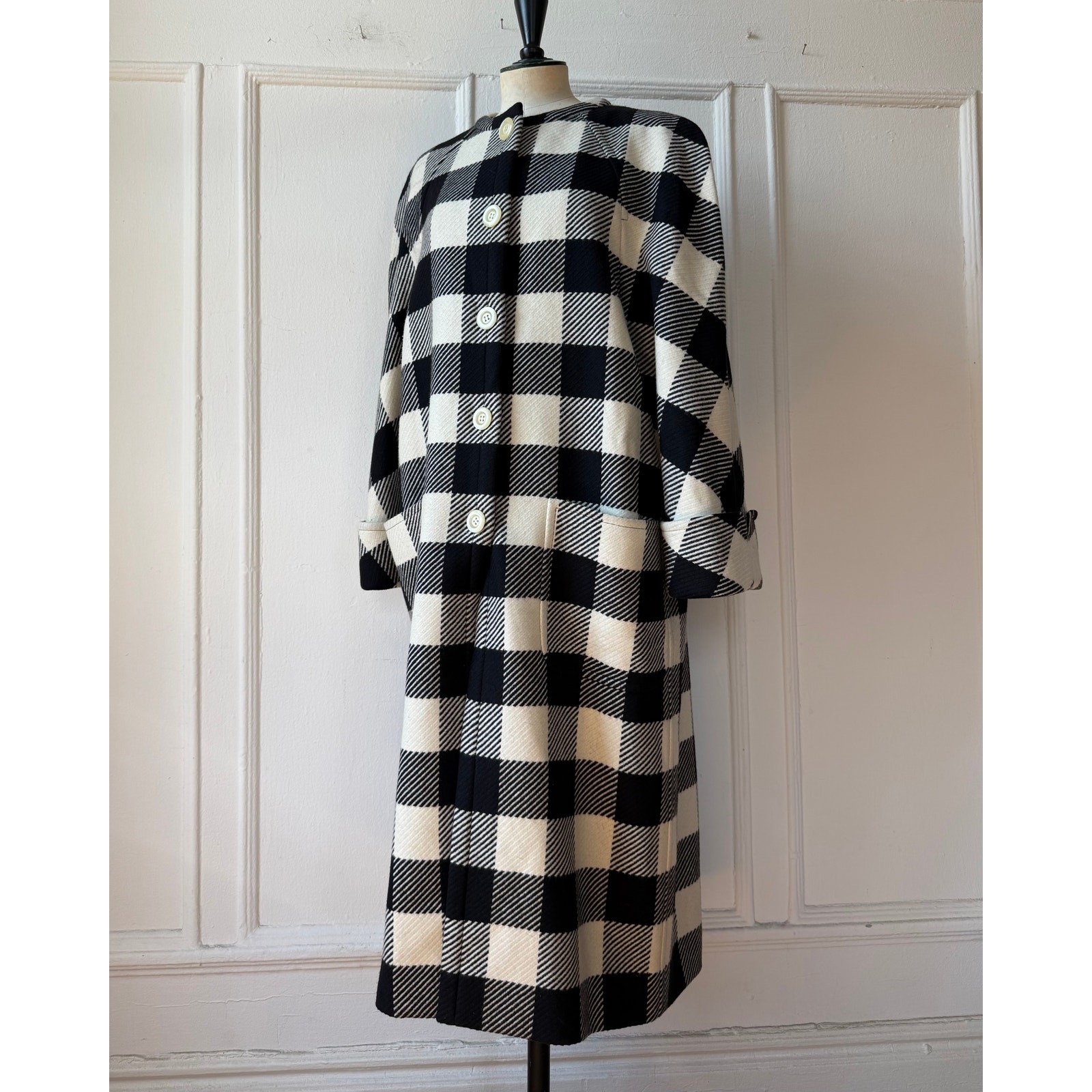 80s Valentino Swing Coat Black & White Check Oversized Shoulder Pads Power Suit