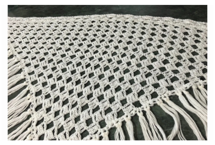 Vintage Hand Made Boho Open Weave Crochet Fringed Shawl Wrap Kimono Oversized