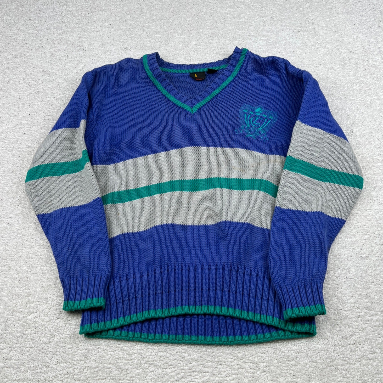 VTG LizSport Women Blue Striped V-Neck Cotton Knit Sweater Size S RN 52002